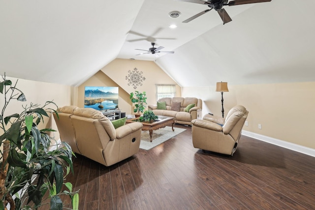 4025 Moore Hollow Rd, Woodlawn, TN 37191 - living room featuring visible vents, baseboards, vaulted ceiling, dark wood finished floors, and a ceiling fan