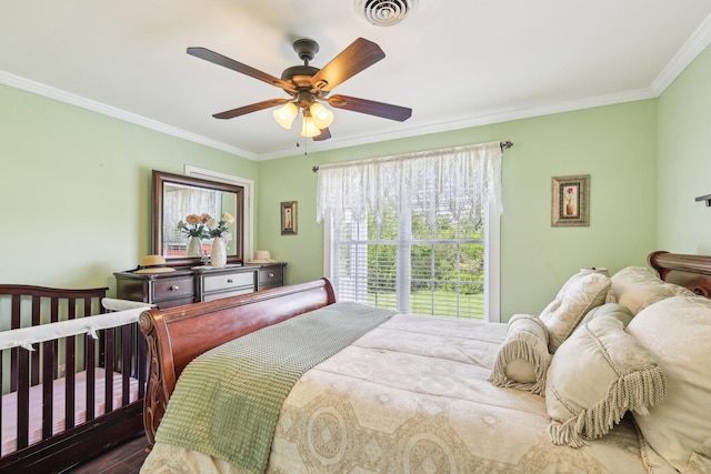 4025 Moore Hollow Rd, Woodlawn, TN 37191 - bedroom with wood finished floors, visible vents, ceiling fan, and ornamental molding