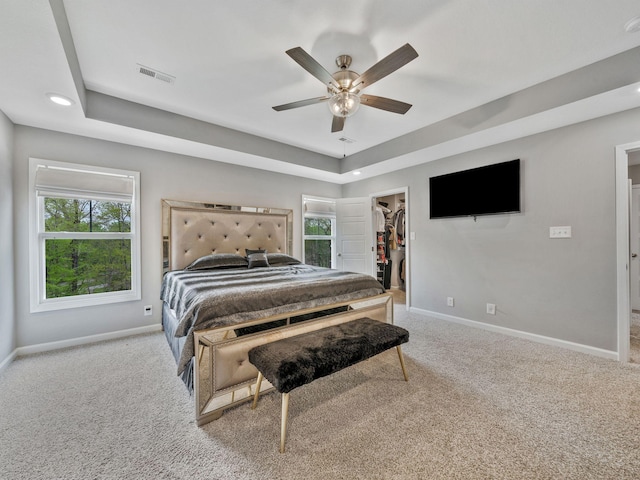 carpeted bedroom featuring visible vents, a walk in closet, a tray ceiling, and baseboards