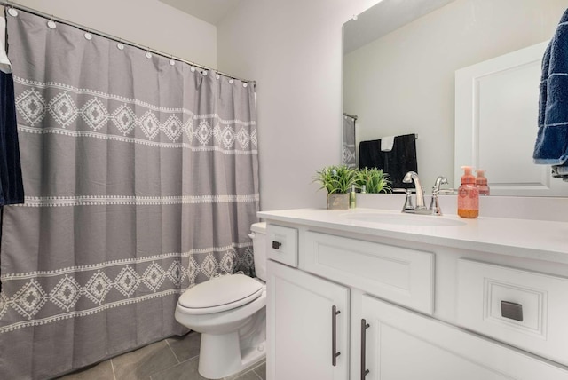 4372 Spregan Way, Smyrna, TN 37167 - bathroom with toilet, vanity, curtained shower, and tile patterned floors