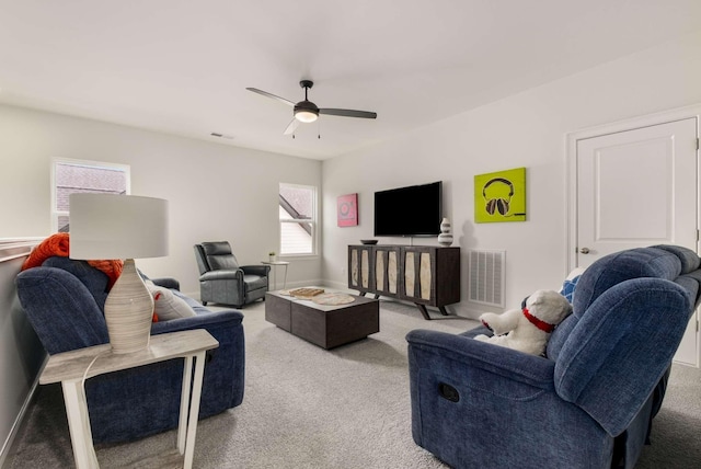 4372 Spregan Way, Smyrna, TN 37167 - living area with visible vents, a ceiling fan, and light colored carpet