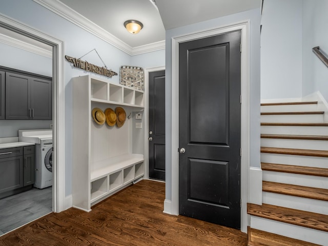 1504 Registry Row, Arrington, TN 37014 - mudroom with dark wood-type flooring, washer / dryer, and crown molding
