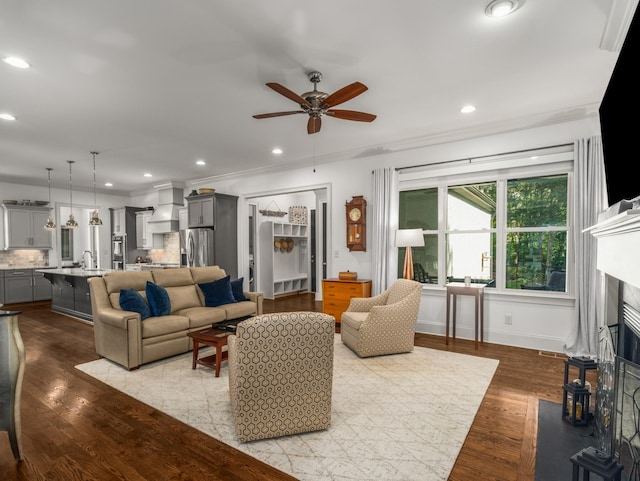 1504 Registry Row, Arrington, TN 37014 - living room featuring a ceiling fan, dark wood finished floors, a fireplace with flush hearth, and recessed lighting