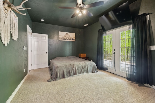 bedroom with carpet flooring, ceiling fan, access to exterior, baseboards, and french doors