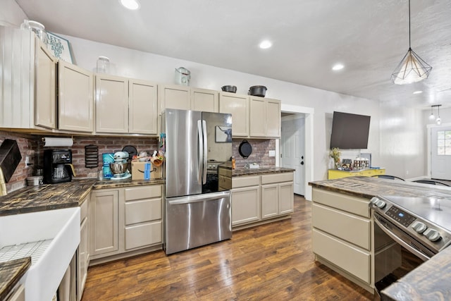 2217 Wiley Pardue Rd, Ashland City, TN 37015 - kitchen with stainless steel appliances, decorative backsplash, dark wood-type flooring, decorative light fixtures, and recessed lighting