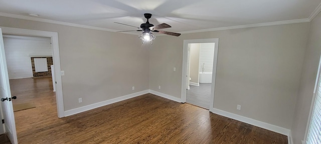 unfurnished bedroom with wood finished floors, ceiling fan, crown molding, and baseboards