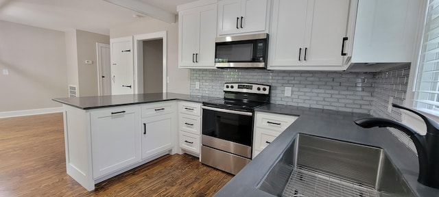 kitchen featuring tasteful backsplash, appliances with stainless steel finishes, a sink, dark wood-style floors, and a peninsula
