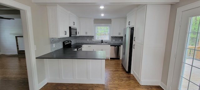 kitchen with stainless steel appliances, dark countertops, dark wood-style flooring, and a sink