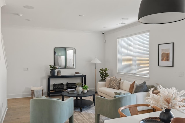 living area featuring baseboards, light wood-style floors, and crown molding