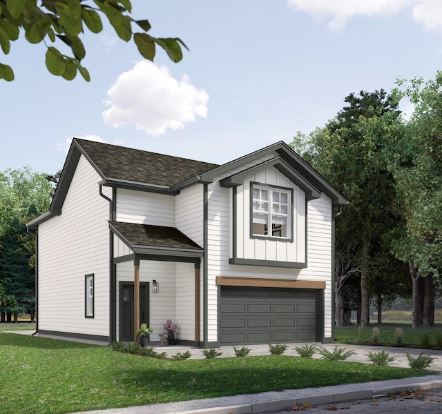 view of front facade with board and batten siding, concrete driveway, roof with shingles, a front yard, and a garage
