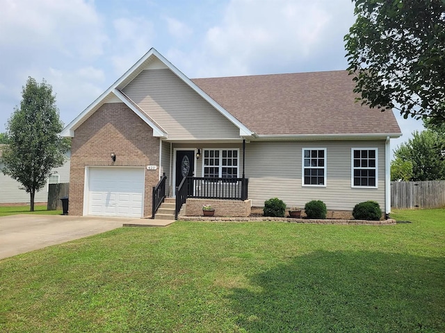 ranch-style house with fence, a shingled roof, a garage, driveway, and a front lawn