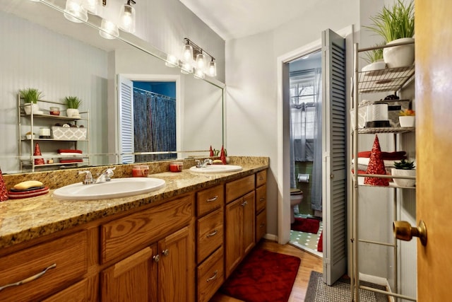 bathroom featuring wood finished floors, toilet, and double vanity