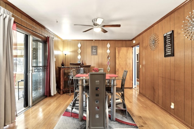dining space featuring light wood finished floors, ceiling fan, ornamental molding, and wooden walls