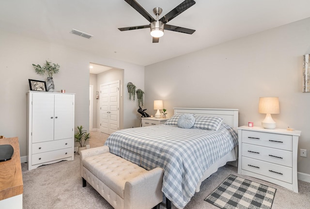 141 Saundersville Rd Unit 1308, Hendersonville, TN 37075 - bedroom featuring ceiling fan, light colored carpet, baseboards, visible vents, and a closet