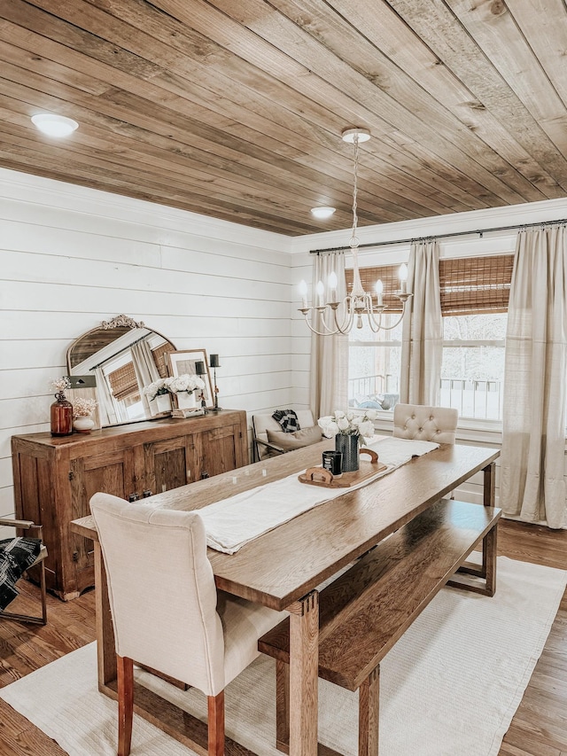 233 Garner Ln, Lawrenceburg, TN 38464 - dining room featuring wood ceiling, wood finished floors, a chandelier, and wooden walls