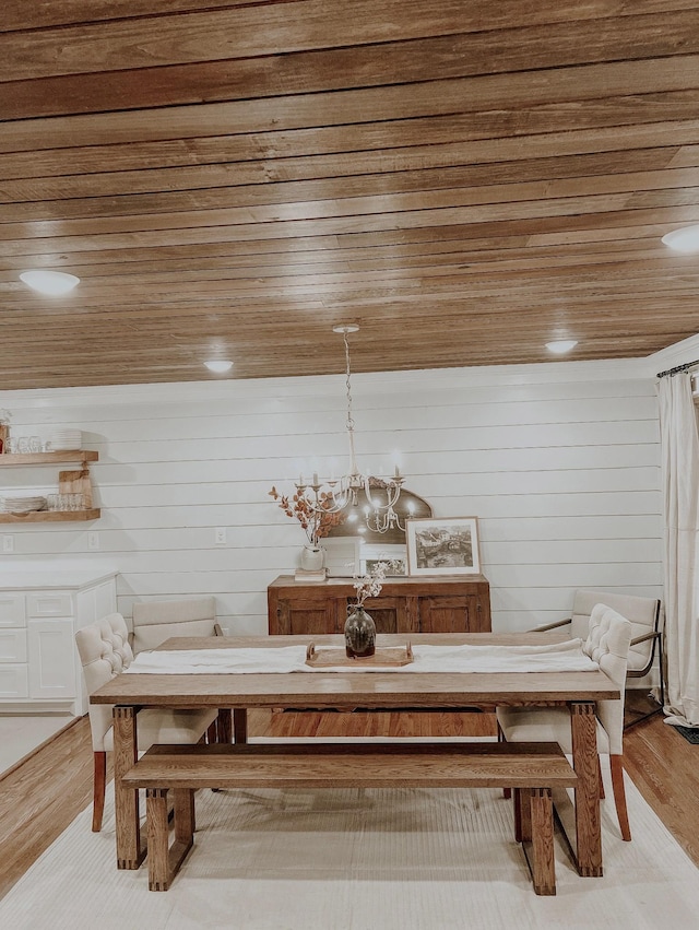 233 Garner Ln, Lawrenceburg, TN 38464 - dining space featuring a chandelier, light wood-type flooring, and wooden ceiling