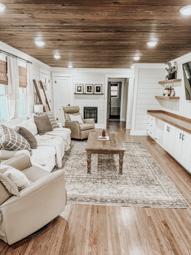 233 Garner Ln, Lawrenceburg, TN 38464 - living room featuring a glass covered fireplace, light wood-style floors, and wood ceiling