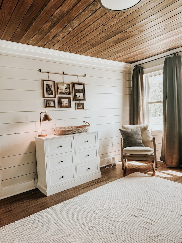 233 Garner Ln, Lawrenceburg, TN 38464 - sitting room featuring wooden walls, crown molding, dark wood finished floors, and wooden ceiling