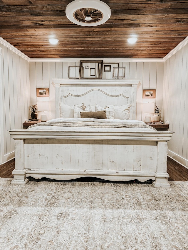 233 Garner Ln, Lawrenceburg, TN 38464 - bedroom with wood ceiling, dark wood-style flooring, and wooden walls