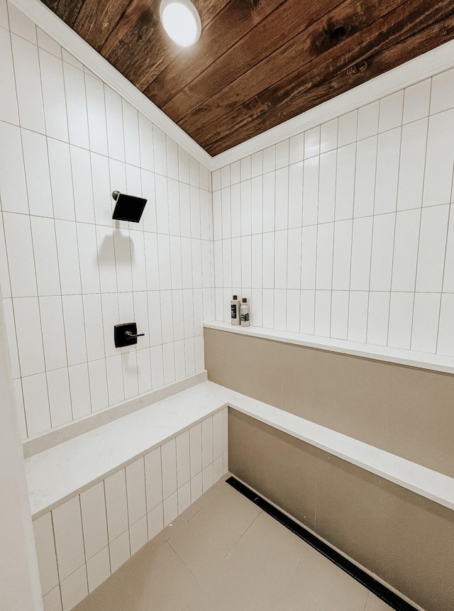 233 Garner Ln, Lawrenceburg, TN 38464 - bathroom with tiled shower and wooden ceiling