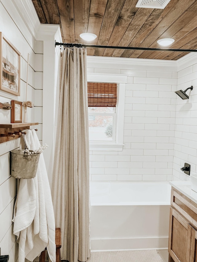 233 Garner Ln, Lawrenceburg, TN 38464 - full bathroom with shower / bathtub combination with curtain, wooden ceiling, and visible vents