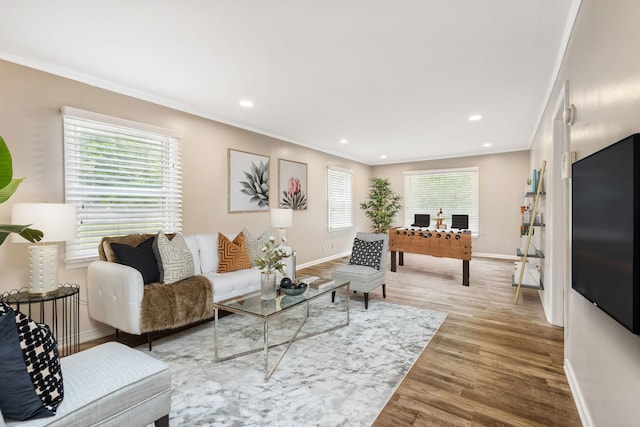 living area featuring crown molding, wood finished floors, and baseboards