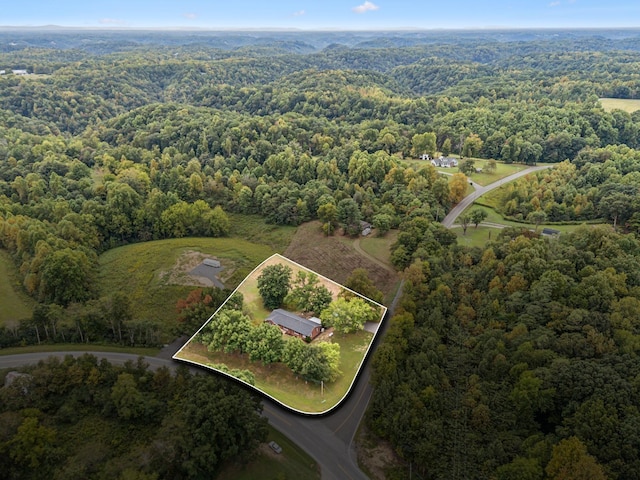 birds eye view of property featuring a wooded view