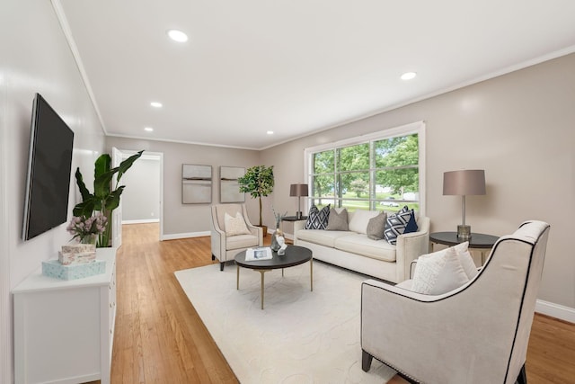 living room with crown molding and baseboards