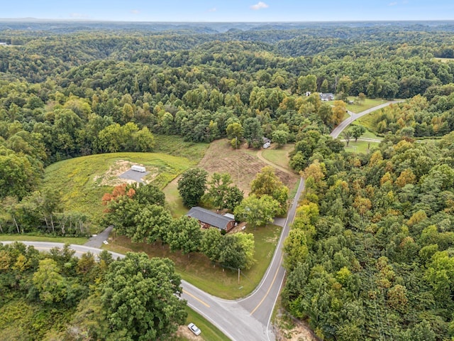 drone / aerial view with a wooded view