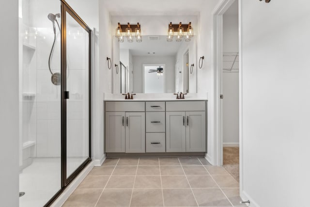 3227 Brookberry Ln, Murfreesboro, TN 37129 - full bath with a stall shower, tile patterned floors, a ceiling fan, double vanity, and a walk in closet