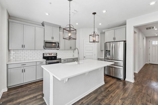3227 Brookberry Ln, Murfreesboro, TN 37129 - kitchen with appliances with stainless steel finishes, a sink, gray cabinets, decorative backsplash, and light countertops