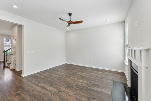 3227 Brookberry Ln, Murfreesboro, TN 37129 - unfurnished living room with ceiling fan, dark wood-style flooring, baseboards, stairway, and recessed lighting