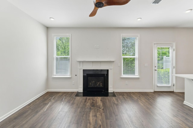 3227 Brookberry Ln, Murfreesboro, TN 37129 - unfurnished living room with wood finished floors, a fireplace with flush hearth, ceiling fan, and baseboards