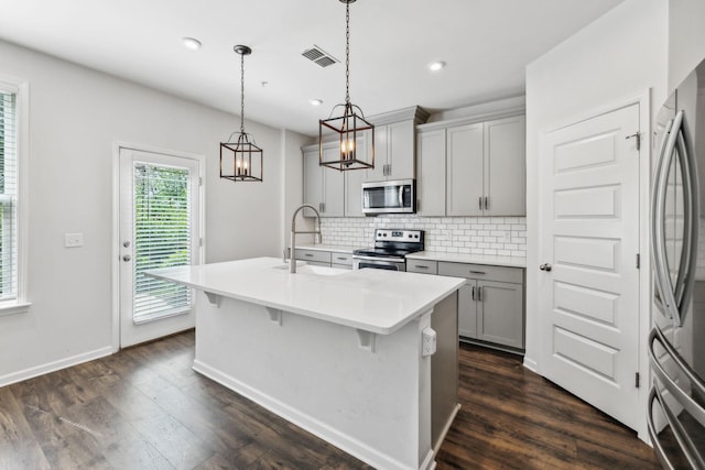 3227 Brookberry Ln, Murfreesboro, TN 37129 - kitchen featuring appliances with stainless steel finishes, a sink, gray cabinets, a center island with sink, and decorative backsplash