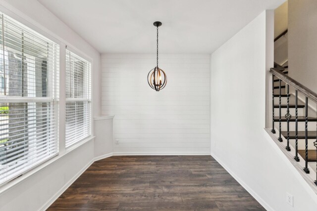 3227 Brookberry Ln, Murfreesboro, TN 37129 - unfurnished dining area featuring healthy amount of natural light, stairs, dark wood-style flooring, and a chandelier