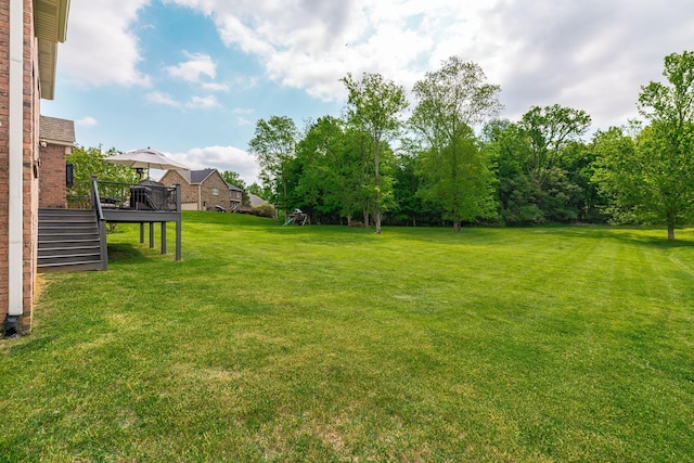 view of yard featuring a deck and stairway