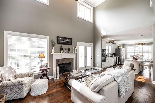 living area with baseboards, ornamental molding, and a wealth of natural light
