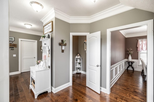 hallway featuring ornamental molding and dark wood finished floors