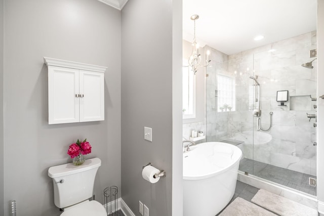 full bathroom featuring a freestanding bath, tile patterned flooring, toilet, visible vents, and a stall shower