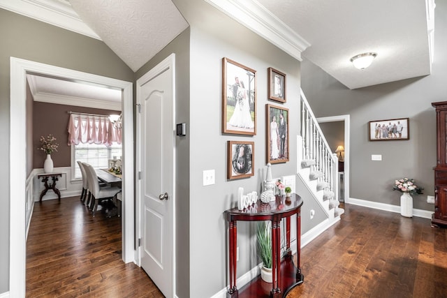 corridor featuring ornamental molding, dark wood-style flooring, and stairs