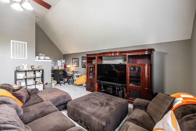 living room featuring visible vents, a ceiling fan, carpet floors, and vaulted ceiling