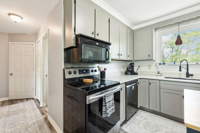 2608 Walnut Ln, Murfreesboro, TN 37129 - kitchen featuring a sink, light wood-style floors, gray cabinetry, stainless steel appliances, and light countertops