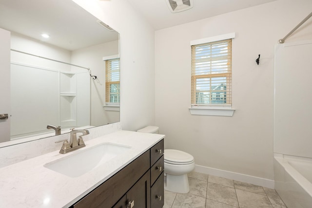 full bathroom featuring baseboards, vanity, toilet, and visible vents