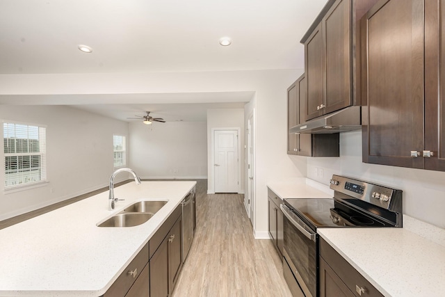 kitchen featuring dark brown cabinetry, a sink, an island with sink, stainless steel appliances, and under cabinet range hood