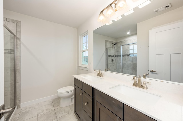 bathroom with visible vents, plenty of natural light, a sink, and a stall shower