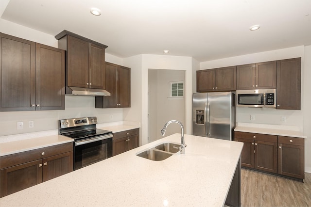 kitchen with visible vents, dark brown cabinets, under cabinet range hood, a sink, and appliances with stainless steel finishes