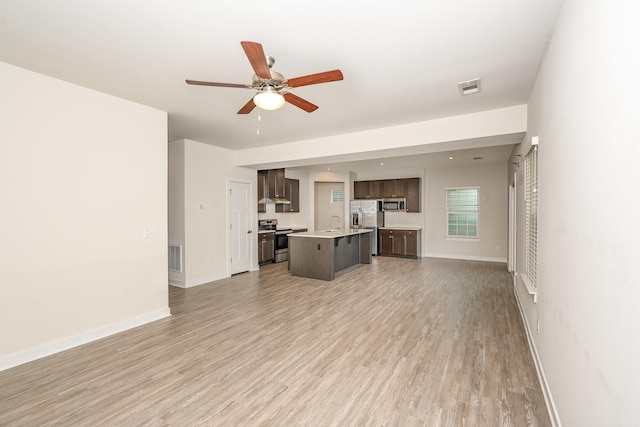 unfurnished living room featuring visible vents, baseboards, ceiling fan, and light wood-type flooring