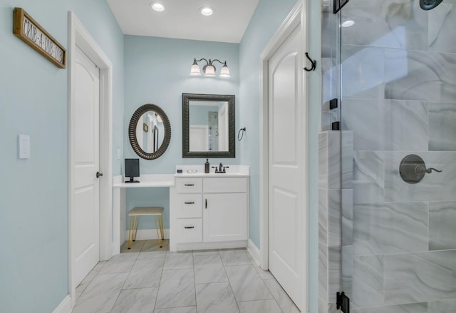 full bathroom featuring recessed lighting, tiled shower, vanity, marble finish floor, and baseboards