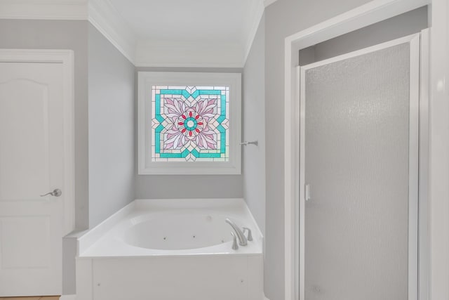 5112 Herschel Spears Cir, Brentwood, TN 37027 - bathroom featuring a tub with jets, a shower stall, and ornamental molding