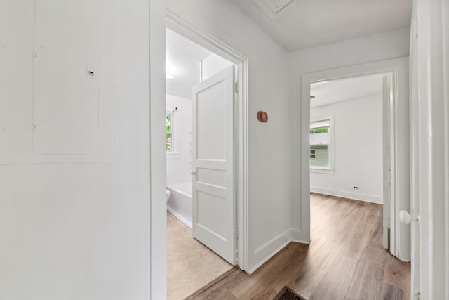 hall with a wealth of natural light, wood finished floors, and baseboards